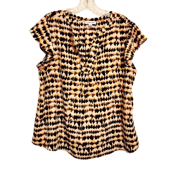 Calvin Klein Tops - Calvin Klein | Women's Black and Tan Animal Print V-Neck Blouse Top (Size XL)
